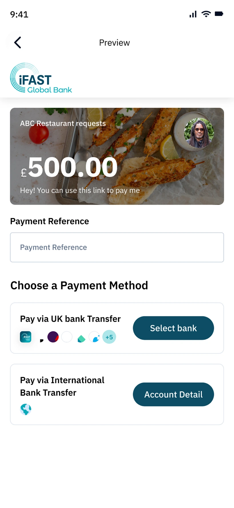 Customer payment options for an iFAST Business payment link