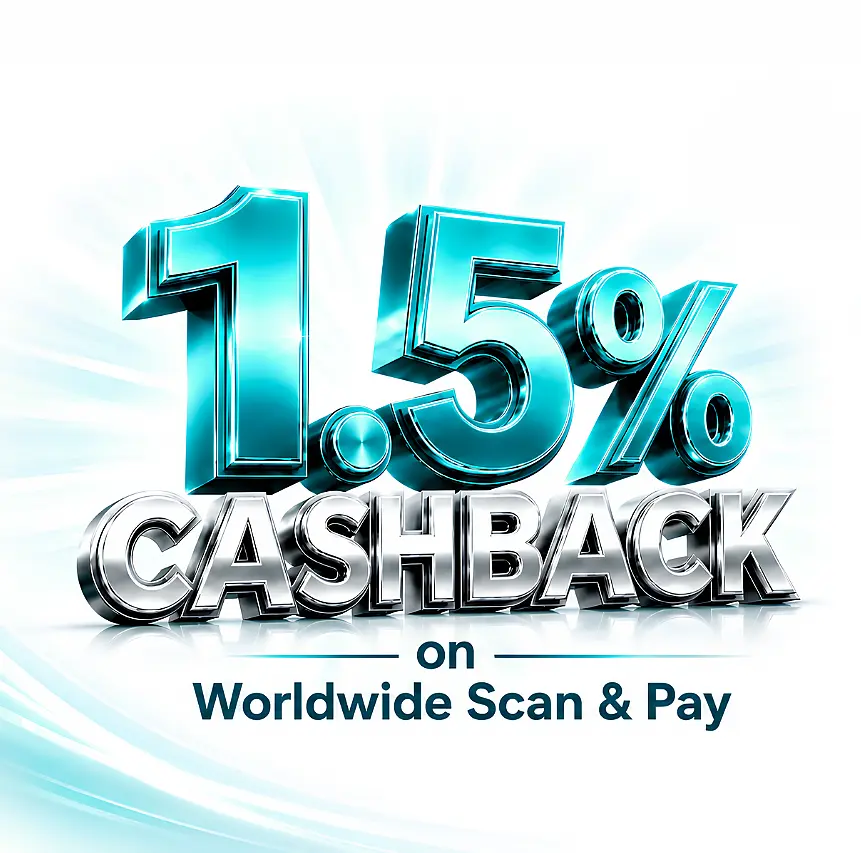 1.5% cashback on Worldwide Scan & Pay