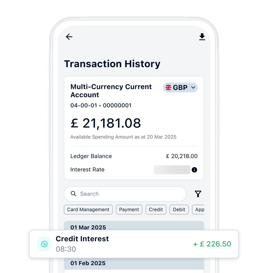 Overview of an iFAST Global bank app user, showing the interest earned in Jul 2023 which is £226.50